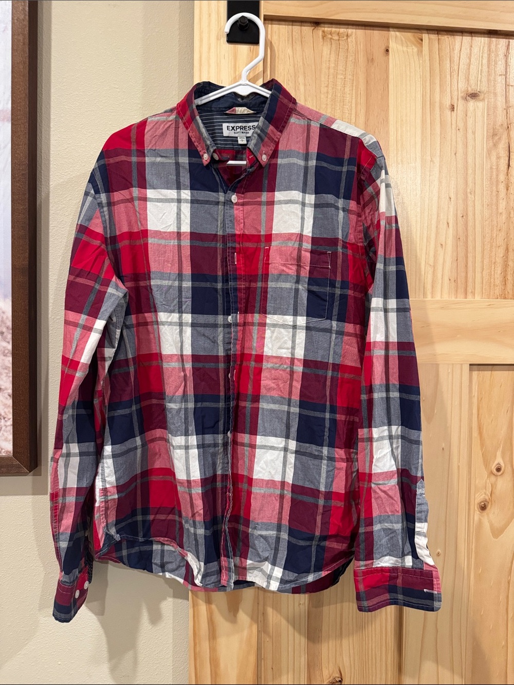 Express Men’s Red Navy White Plaid Button-Down Shirt